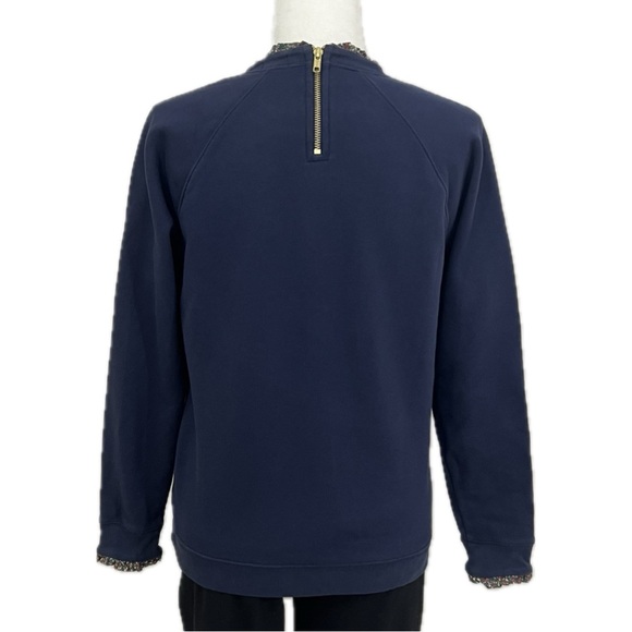 J. Crew Woven Ruffleneck Pullover Sweatshirt Floral Trim Gold Zip Navy Small - Picture 8 of 17